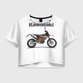 Женская футболка 3D укороченная с принтом Kawasaky Enduro , 100% полиэстер | круглая горловина, длина футболки до линии талии, рукава с отворотами | kawasaky