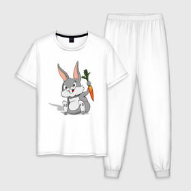 Мужская пижама хлопок с принтом Зайчик , 100% хлопок | брюки и футболка прямого кроя, без карманов, на брюках мягкая резинка на поясе и по низу штанин
 | год кролика | зайчик | заяц | кролик | морковь