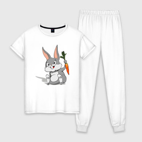 Женская пижама хлопок с принтом Зайчик , 100% хлопок | брюки и футболка прямого кроя, без карманов, на брюках мягкая резинка на поясе и по низу штанин | год кролика | зайчик | заяц | кролик | морковь