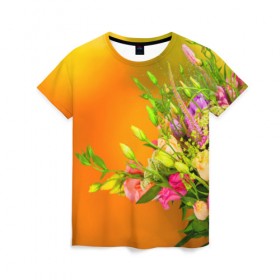 Женская футболка 3D с принтом Букет , 100% полиэфир ( синтетическое хлопкоподобное полотно) | прямой крой, круглый вырез горловины, длина до линии бедер | букет | лепесток | новая | природа | цветок | яркая