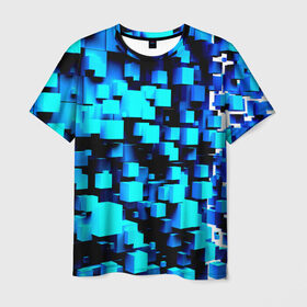 Мужская футболка 3D с принтом Кубическая текстура , 100% полиэфир | прямой крой, круглый вырез горловины, длина до линии бедер | Тематика изображения на принте: кубы | объем | синий