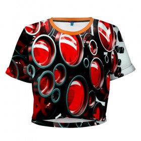 Женская футболка 3D укороченная с принтом Texno music , 100% полиэстер | круглая горловина, длина футболки до линии талии, рукава с отворотами | красный | окуляр