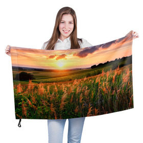 Флаг 3D с принтом Родные просторы , 100% полиэстер | плотность ткани — 95 г/м2, размер — 67 х 109 см. Принт наносится с одной стороны | Тематика изображения на принте: sunrise | sunset | восход | деревня | закат | луг | небо | облака | поле | природа | солнце | цветы