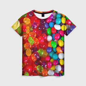 Женская футболка 3D с принтом Вкусняшки , 100% полиэфир ( синтетическое хлопкоподобное полотно) | прямой крой, круглый вырез горловины, длина до линии бедер | вкуснотища | вкусняшки | глазурь | карамельки | конфетки | конфеты | мармеладки | сахар | сладости