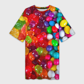 Платье-футболка 3D с принтом Вкусняшки ,  |  | вкуснотища | вкусняшки | глазурь | карамельки | конфетки | конфеты | мармеладки | сахар | сладости