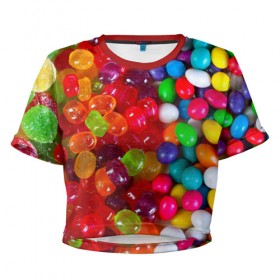 Женская футболка 3D укороченная с принтом Вкусняшки , 100% полиэстер | круглая горловина, длина футболки до линии талии, рукава с отворотами | вкуснотища | вкусняшки | глазурь | карамельки | конфетки | конфеты | мармеладки | сахар | сладости