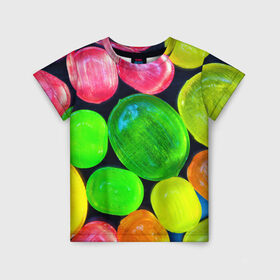 Детская футболка 3D с принтом Карамельки , 100% гипоаллергенный полиэфир | прямой крой, круглый вырез горловины, длина до линии бедер, чуть спущенное плечо, ткань немного тянется | вкусности | вкусняшки | карамельки | конфетки | конфеты | леденцы | сахар | сладости