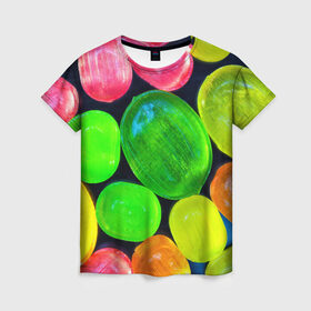 Женская футболка 3D с принтом Карамельки , 100% полиэфир ( синтетическое хлопкоподобное полотно) | прямой крой, круглый вырез горловины, длина до линии бедер | вкусности | вкусняшки | карамельки | конфетки | конфеты | леденцы | сахар | сладости
