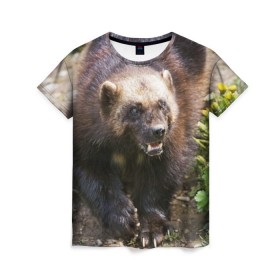 Женская футболка 3D с принтом Росомаха , 100% полиэфир ( синтетическое хлопкоподобное полотно) | прямой крой, круглый вырез горловины, длина до линии бедер | животные | лес | медведи | охота | природа | туризм