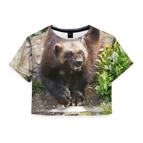 Женская футболка 3D укороченная с принтом Росомаха , 100% полиэстер | круглая горловина, длина футболки до линии талии, рукава с отворотами | животные | лес | медведи | охота | природа | туризм