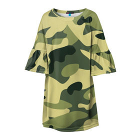 Детское платье 3D с принтом Зелёный камуфляж , 100% полиэстер | прямой силуэт, чуть расширенный к низу. Круглая горловина, на рукавах — воланы | Тематика изображения на принте: camouflage | green camouflage | зеленый камуфляж | камуфляж