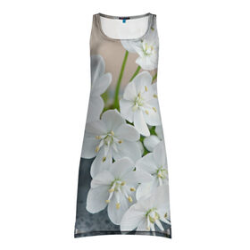 Платье-майка 3D с принтом Белые цветочки 3 , 100% полиэстер | полуприлегающий силуэт, широкие бретели, круглый вырез горловины, удлиненный подол сзади. | белый | цветок | цветы