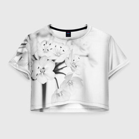 Женская футболка 3D укороченная с принтом Белые цветочки 5 , 100% полиэстер | круглая горловина, длина футболки до линии талии, рукава с отворотами | белый | цветок | цветы