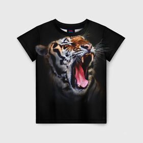 Детская футболка 3D с принтом Оскал тигра , 100% гипоаллергенный полиэфир | прямой крой, круглый вырез горловины, длина до линии бедер, чуть спущенное плечо, ткань немного тянется | дикая кошка | пасть | тигр | хищник