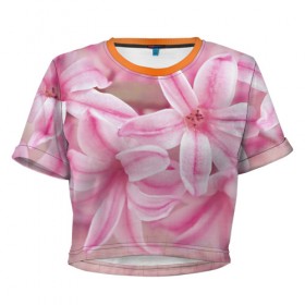 Женская футболка 3D укороченная с принтом Нежные цветочки , 100% полиэстер | круглая горловина, длина футболки до линии талии, рукава с отворотами | розовый | цветок | цветы