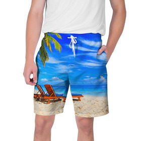 Мужские шорты 3D с принтом Лето ,  полиэстер 100% | прямой крой, два кармана без застежек по бокам. Мягкая трикотажная резинка на поясе, внутри которой широкие завязки. Длина чуть выше колен | берег | лето | море | отдых