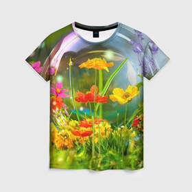 Женская футболка 3D с принтом Flowers , 100% полиэфир ( синтетическое хлопкоподобное полотно) | прямой крой, круглый вырез горловины, длина до линии бедер | арт | краска | лето | лучи | любовь | новинки | популярные | природа | рисунки | свет | цветы