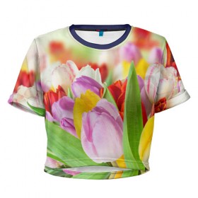 Женская футболка 3D укороченная с принтом Мир тюльпанов , 100% полиэстер | круглая горловина, длина футболки до линии талии, рукава с отворотами | арт | краска | лето | лучи | любовь | новинки | популярные | природа | рисунки | свет | цветы