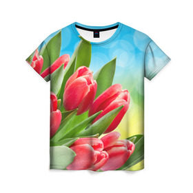 Женская футболка 3D с принтом Полевые тюльпаны , 100% полиэфир ( синтетическое хлопкоподобное полотно) | прямой крой, круглый вырез горловины, длина до линии бедер | арт | краска | лето | лучи | любовь | новинки | популярные | природа | рисунки | свет | цветы