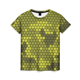 Женская футболка 3D с принтом Кибер камуфляж 8 , 100% полиэфир ( синтетическое хлопкоподобное полотно) | прямой крой, круглый вырез горловины, длина до линии бедер | желтый | соты