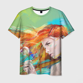 Мужская футболка 3D с принтом Летняя пора , 100% полиэфир | прямой крой, круглый вырез горловины, длина до линии бедер | lineking | вектор | волосы на ветру | девушка | краски | модель | одуванчик | рыжая