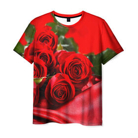 Мужская футболка 3D с принтом Розы , 100% полиэфир | прямой крой, круглый вырез горловины, длина до линии бедер | букет | красная | лепесток | разноцветная | роза | цветок