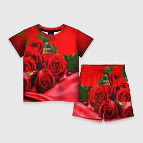 Детский костюм с шортами 3D с принтом Розы ,  |  | букет | красная | лепесток | разноцветная | роза | цветок