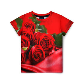 Детская футболка 3D с принтом Розы , 100% гипоаллергенный полиэфир | прямой крой, круглый вырез горловины, длина до линии бедер, чуть спущенное плечо, ткань немного тянется | Тематика изображения на принте: букет | красная | лепесток | разноцветная | роза | цветок