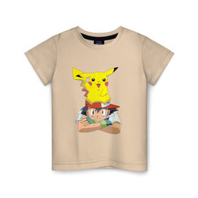 Детская футболка хлопок с принтом Эш и Пикачу , 100% хлопок | круглый вырез горловины, полуприлегающий силуэт, длина до линии бедер | покемон