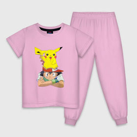 Детская пижама хлопок с принтом Эш и Пикачу , 100% хлопок |  брюки и футболка прямого кроя, без карманов, на брюках мягкая резинка на поясе и по низу штанин
 | покемон