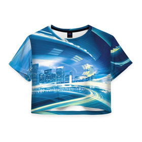 Женская футболка 3D укороченная с принтом Мегаполис , 100% полиэстер | круглая горловина, длина футболки до линии талии, рукава с отворотами | night city | высотки | город | движение | мегаполис | неоновый свет | ночная жизнь | ночной город | огни | поток | столица | трафик