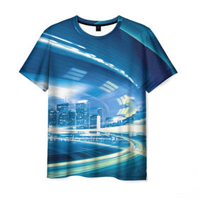 Мужская футболка 3D с принтом Мегаполис , 100% полиэфир | прямой крой, круглый вырез горловины, длина до линии бедер | night city | высотки | город | движение | мегаполис | неоновый свет | ночная жизнь | ночной город | огни | поток | столица | трафик