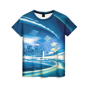 Женская футболка 3D с принтом Мегаполис , 100% полиэфир ( синтетическое хлопкоподобное полотно) | прямой крой, круглый вырез горловины, длина до линии бедер | night city | высотки | город | движение | мегаполис | неоновый свет | ночная жизнь | ночной город | огни | поток | столица | трафик