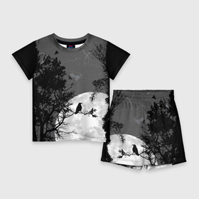 Детский костюм с шортами 3D с принтом Черный ворон ,  |  | ворон | луна | новинки | ночь | полнолуние | природа | птица