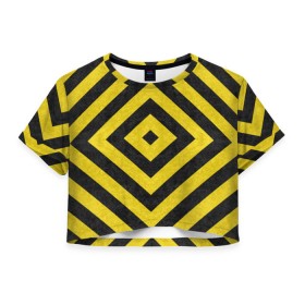 Женская футболка 3D укороченная с принтом Чёрные и Жёлтые Квадраты , 100% полиэстер | круглая горловина, длина футболки до линии талии, рукава с отворотами | жёлтый | квадрат | полосы | текстура | узор | чёрный