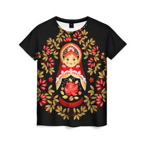 Женская футболка 3D с принтом Матрешка , 100% полиэфир ( синтетическое хлопкоподобное полотно) | прямой крой, круглый вырез горловины, длина до линии бедер | flowers | matryoshka | russian | роспись | русская | цветы