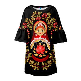 Детское платье 3D с принтом Матрешка , 100% полиэстер | прямой силуэт, чуть расширенный к низу. Круглая горловина, на рукавах — воланы | Тематика изображения на принте: flowers | matryoshka | russian | роспись | русская | цветы