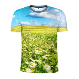 Мужская футболка 3D спортивная с принтом Ромашковый ковёр , 100% полиэстер с улучшенными характеристиками | приталенный силуэт, круглая горловина, широкие плечи, сужается к линии бедра | Тематика изображения на принте: горизонт | зелень | небо | облака | поле | поляна | ромашки | солнце | цветы
