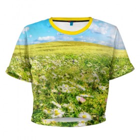 Женская футболка 3D укороченная с принтом Ромашковый ковёр , 100% полиэстер | круглая горловина, длина футболки до линии талии, рукава с отворотами | горизонт | зелень | небо | облака | поле | поляна | ромашки | солнце | цветы