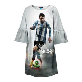Детское платье 3D с принтом Leo Messi , 100% полиэстер | прямой силуэт, чуть расширенный к низу. Круглая горловина, на рукавах — воланы | Тематика изображения на принте: barselona | messi | аргентина | барселона | месси | мяч | футбол