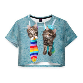 Женская футболка 3D укороченная с принтом Мейн-кун 1 , 100% полиэстер | круглая горловина, длина футболки до линии талии, рукава с отворотами | кот | котенок | котик | котэ | кошка | мейн кун | мейнкун | мэйн кун | мэйнкун
