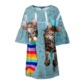 Детское платье 3D с принтом Мейн-кун 1 , 100% полиэстер | прямой силуэт, чуть расширенный к низу. Круглая горловина, на рукавах — воланы | Тематика изображения на принте: кот | котенок | котик | котэ | кошка | мейн кун | мейнкун | мэйн кун | мэйнкун