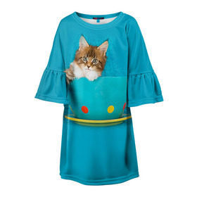 Детское платье 3D с принтом Мейн-кун 4 , 100% полиэстер | прямой силуэт, чуть расширенный к низу. Круглая горловина, на рукавах — воланы | кот | котенок | котик | котэ | кошка | мейн кун | мейнкун | мэйн кун | мэйнкун