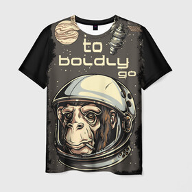 Мужская футболка 3D с принтом Космо мартышка , 100% полиэфир | прямой крой, круглый вырез горловины, длина до линии бедер | космос | луна | мартышка | новинки | обезьяна | популярное | спутник | шимпанзе
