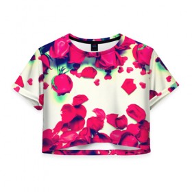 Женская футболка 3D укороченная с принтом Розовые розы , 100% полиэстер | круглая горловина, длина футболки до линии талии, рукава с отворотами | лепестки | цветы