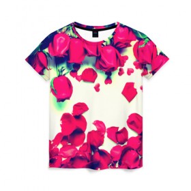 Женская футболка 3D с принтом Розовые розы , 100% полиэфир ( синтетическое хлопкоподобное полотно) | прямой крой, круглый вырез горловины, длина до линии бедер | лепестки | цветы