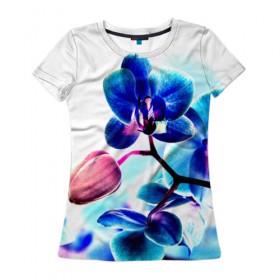 Женская футболка 3D с принтом Орхидея , 100% полиэфир ( синтетическое хлопкоподобное полотно) | прямой крой, круглый вырез горловины, длина до линии бедер | лютики | синий | цветы