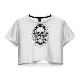 Женская футболка 3D укороченная с принтом Череп 33 , 100% полиэстер | круглая горловина, длина футболки до линии талии, рукава с отворотами | skull | skulls | кости | скелет | череп