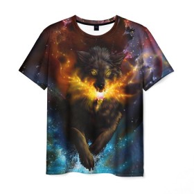 Мужская футболка 3D с принтом Космоволк , 100% полиэфир | прямой крой, круглый вырез горловины, длина до линии бедер | волк | вселенная | галактика | звёзды | космос | оскал | пламя | созвездие