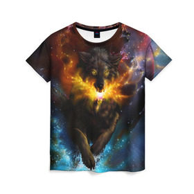 Женская футболка 3D с принтом Космоволк , 100% полиэфир ( синтетическое хлопкоподобное полотно) | прямой крой, круглый вырез горловины, длина до линии бедер | Тематика изображения на принте: волк | вселенная | галактика | звёзды | космос | оскал | пламя | созвездие